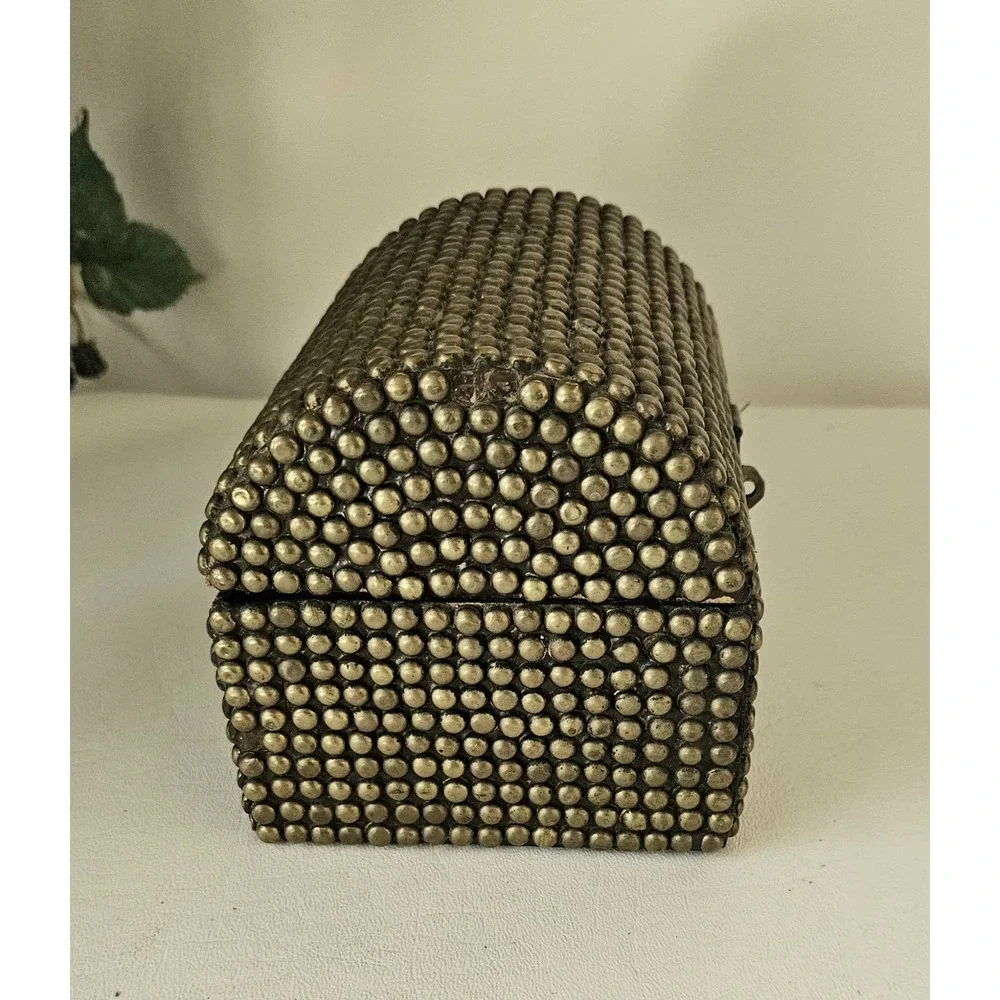 Vintage Brass Hobnail Wood Barrel Top Trinket Box 5
